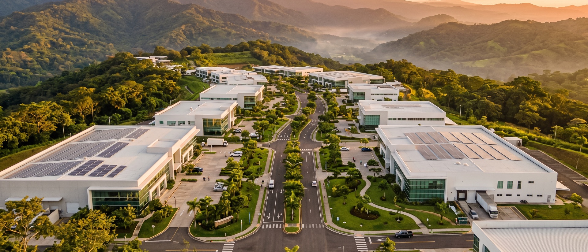 Vista aérea ilustrativa de un parque empresarial en zona franca, rodeado de montañas