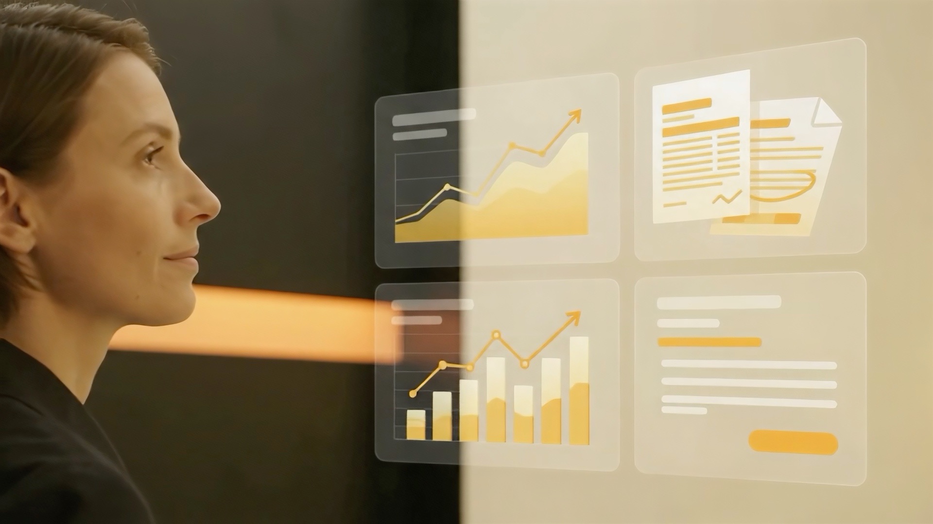 La emprendedora revisa gráficos financieros
